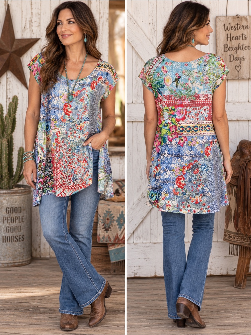 Johnny Was Patchwork Floral Tunic Top Size M Boho Bohemian Western